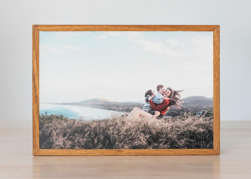 Heartwarming family photo of mum and kids printed on stone with a rustic reclaimed timber frame