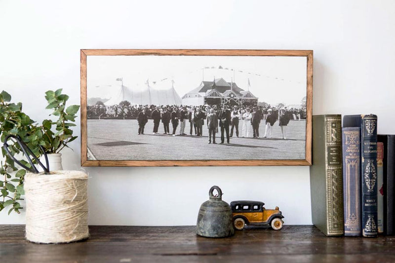 Vintage photo printed on a reclaimed hardwood stone panel, styled in a warm interior – handcrafted by Imogen Stone